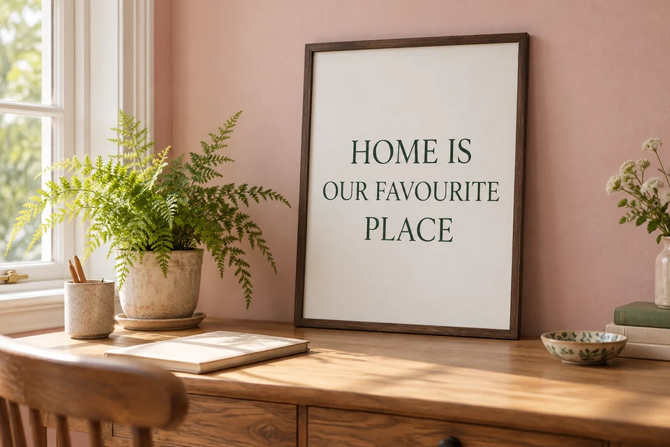 Dark green Word Art lettering on a pale cream poster in a calm pink study.