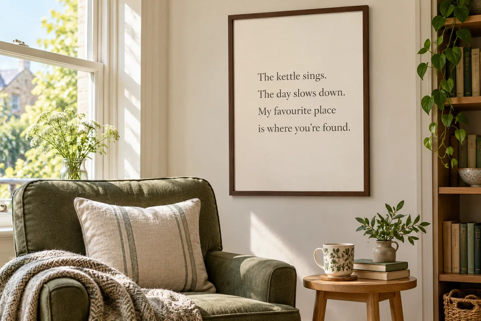 A short poem in a slim dark frame displayed beside a reading chair.
