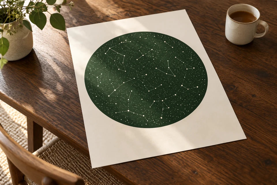 Detail of a circular star-map-style design printed on smooth cream paper.