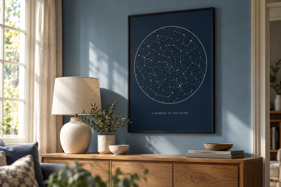A navy star-map-style paper poster in a slim frame above a living-room console.