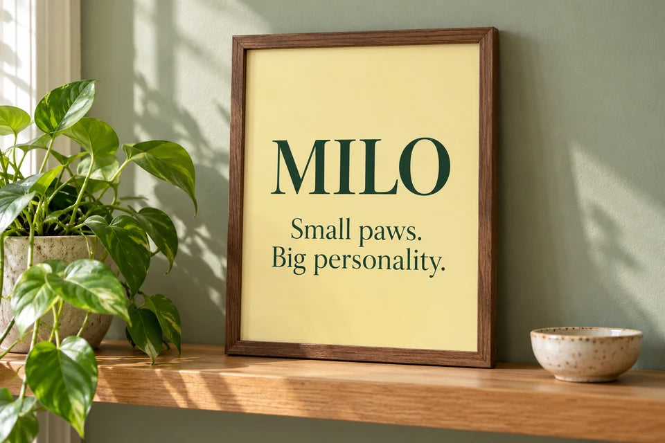 A pet-name paper poster reading Milo and Small paws. Big personality. displayed beside a plant.