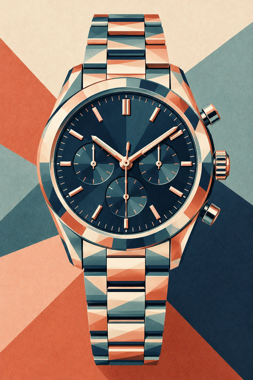 A geometric watch artwork in navy, coral, terracotta, teal and ivory planes.