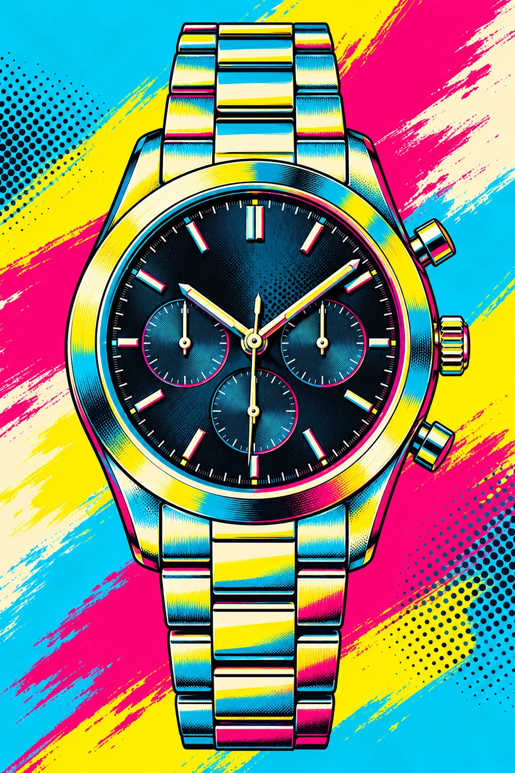 A bright cyan, magenta and yellow pop-art chronograph with black contours and halftone detail.