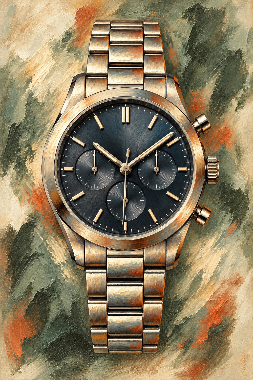 An actual warm sage, ivory and terracotta revision of the midnight-blue chronograph artwork.