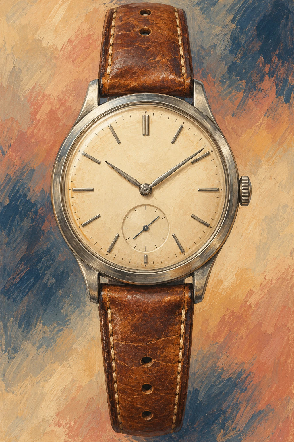 A close painted study of an invented ivory-dial watch with a brown leather strap in a warm muted palette.