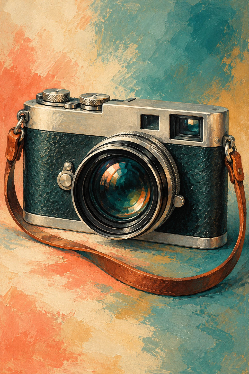 A painted portrait of a fictional vintage camera in teal, ivory, coral and ochre.