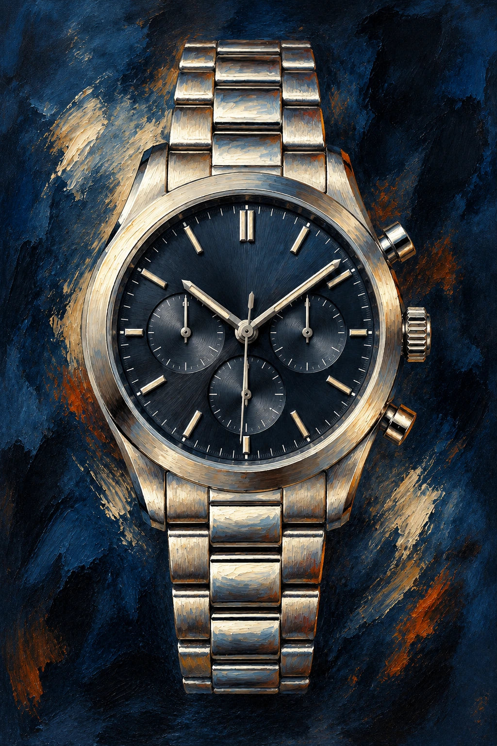 A midnight-blue oil-style artwork of the fictional steel chronograph with ivory highlights and warm accents.