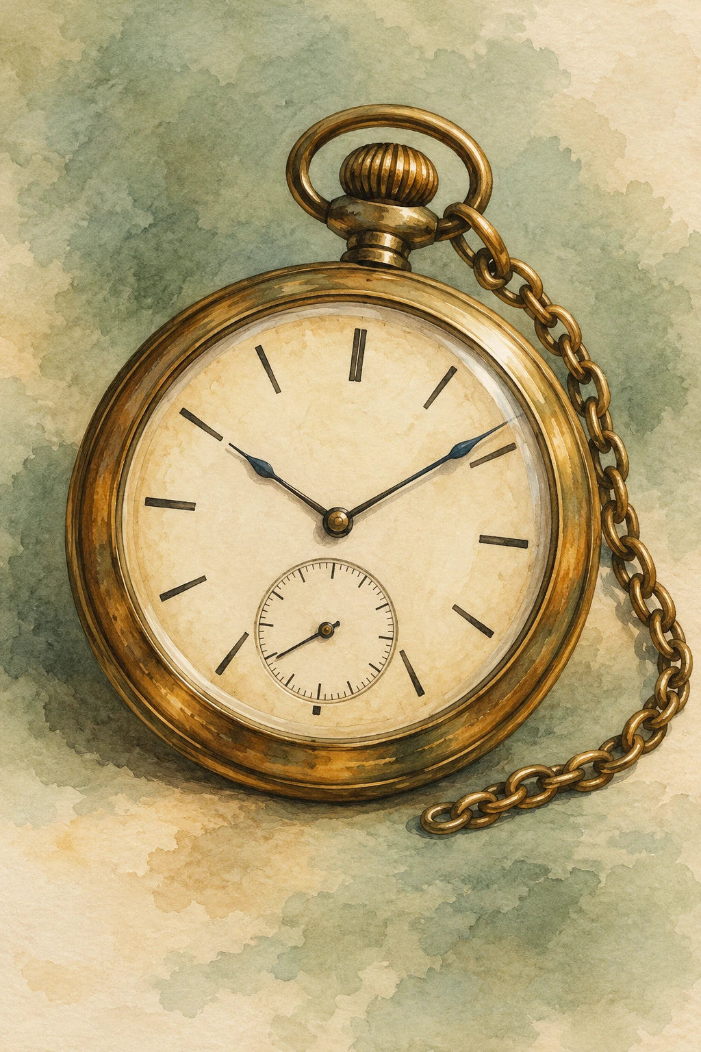 A brass pocket watch and curved chain painted in sage and ivory watercolour.