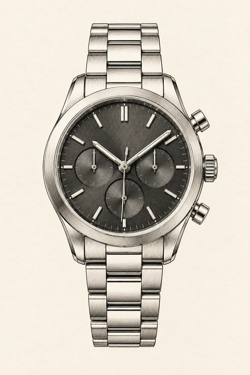A monochrome ink-style drawing of a complete chronograph and bracelet on warm ivory.