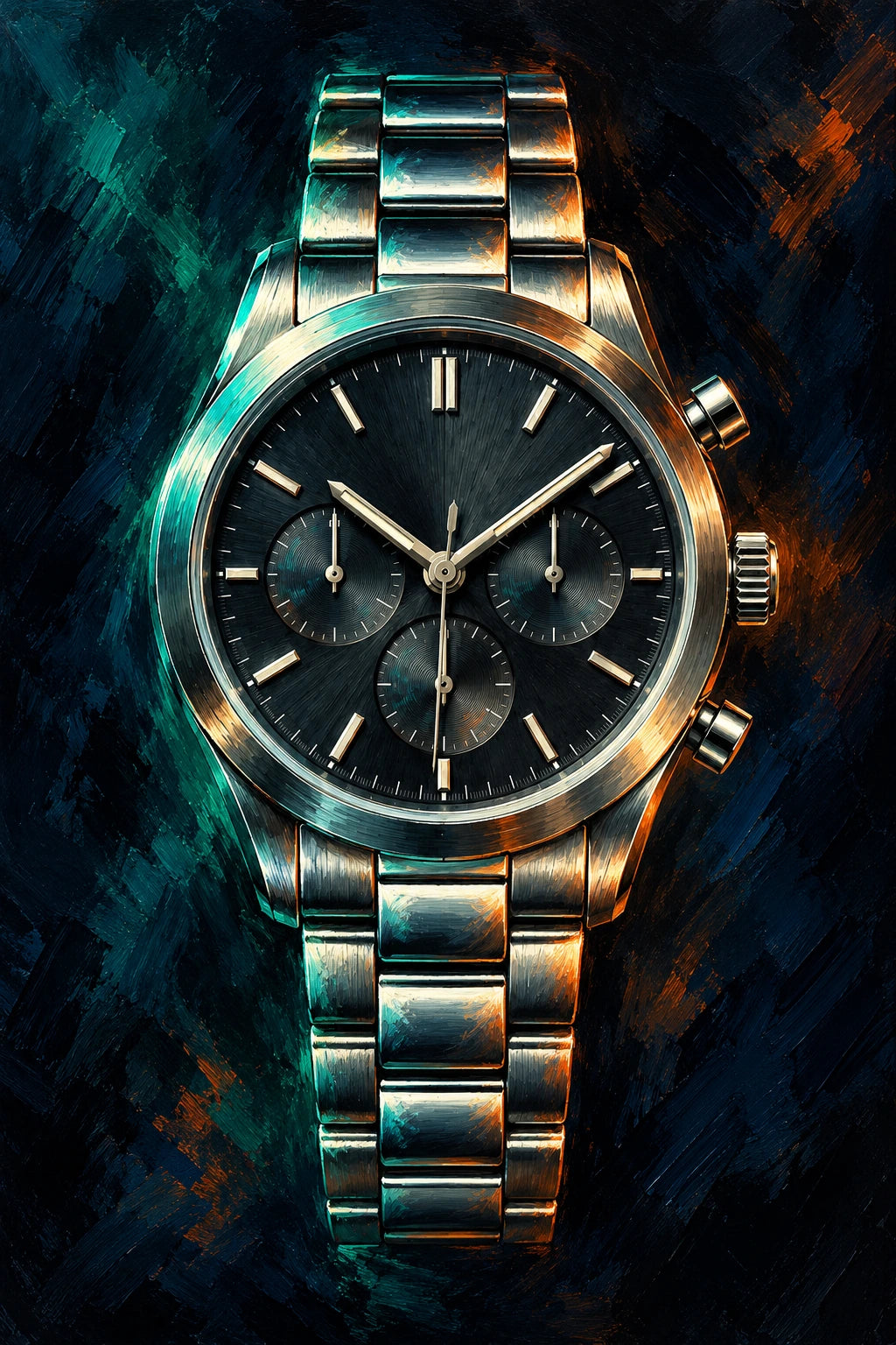 A dark painted chronograph with luminous teal and copper reflections around its steel case and bracelet.