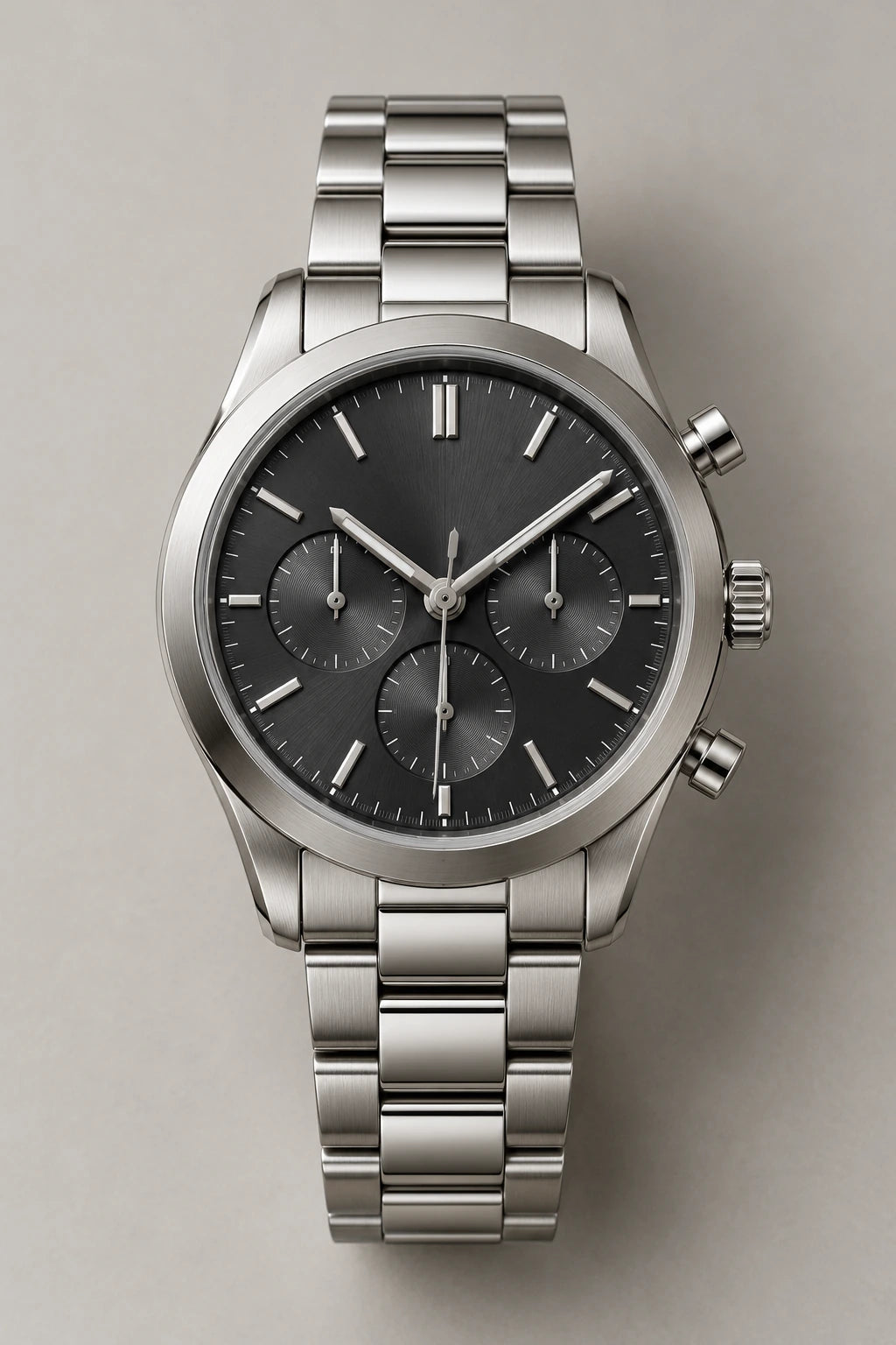 A fictional steel chronograph with a charcoal dial, three subdials and linked bracelet on a pale background.
