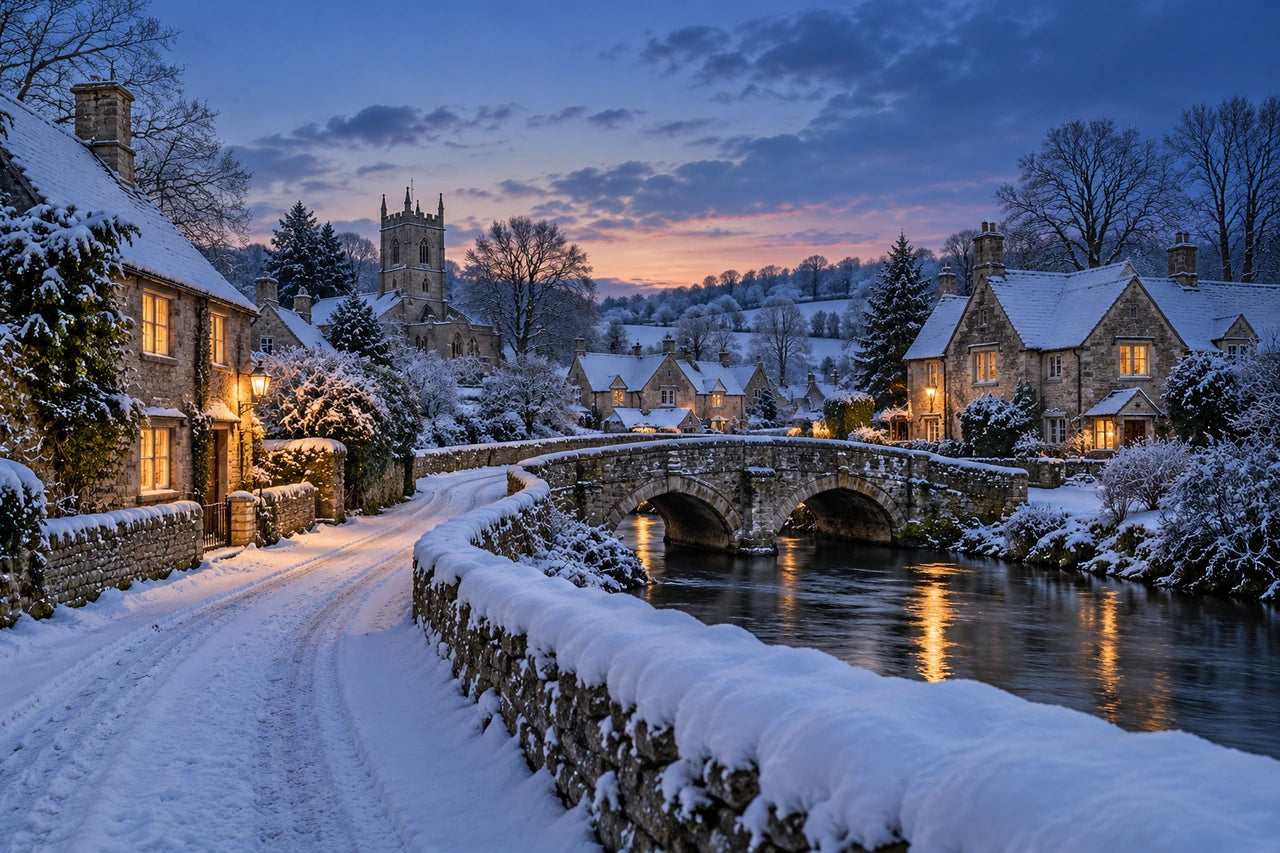 Snowy English-style stone village at blue hour, with a curving lane, two-arch bridge and warm cottage windows.
