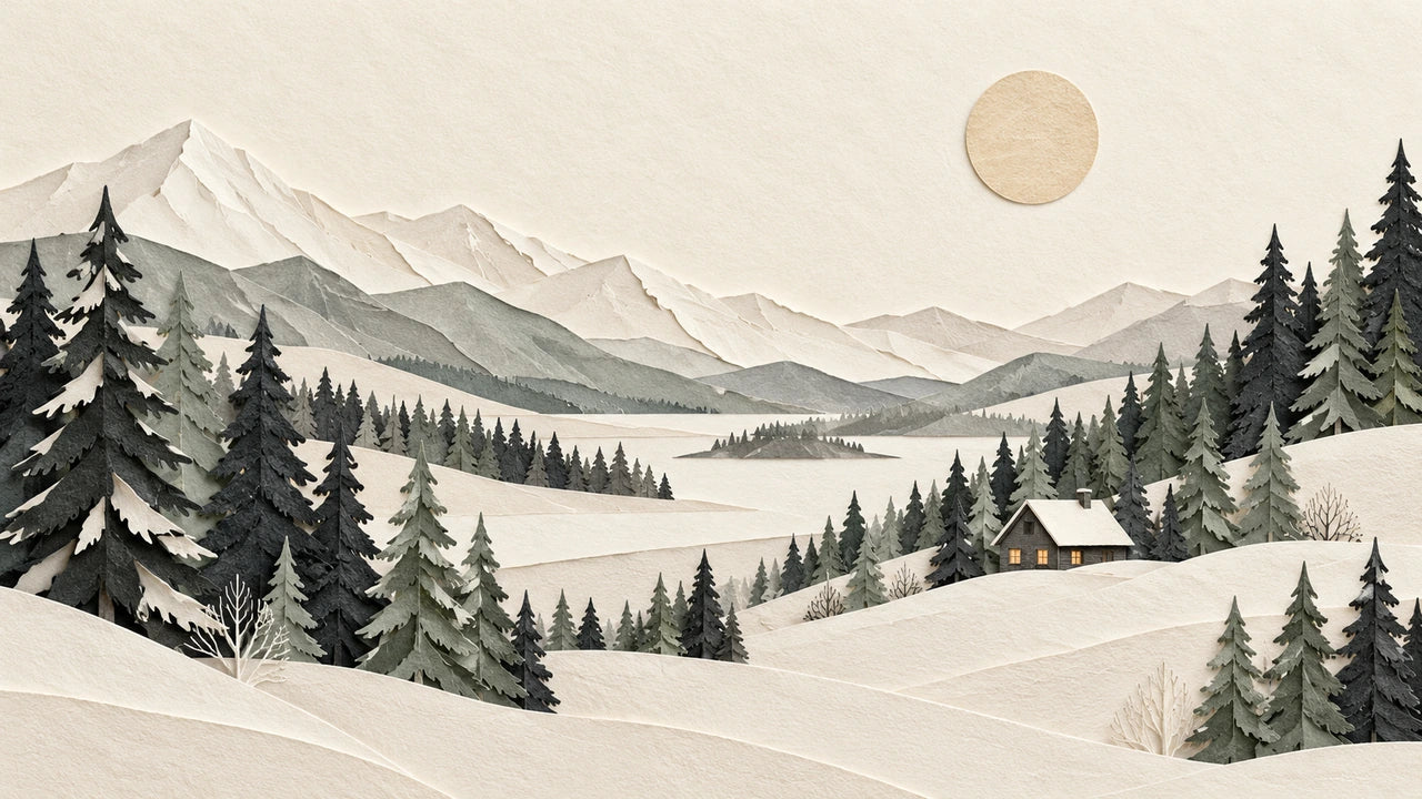 Layered ivory-paper-style snowy hills and sage fir trees around a small cottage beneath a pale champagne moon.