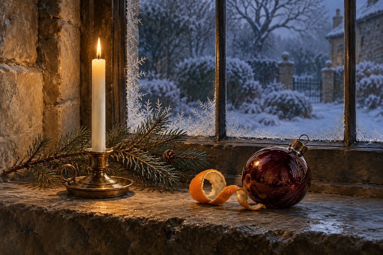 A glowing ivory taper, pine branch, orange peel and burgundy glass bauble on a stone sill beside a frosted winter window.