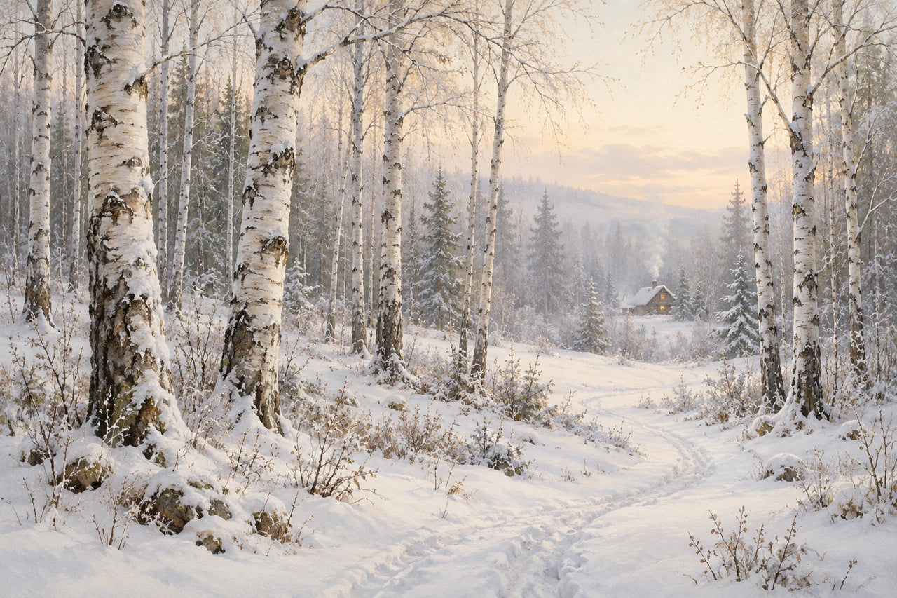 Pale birch woodland after snow, with a winding path leading towards a tiny warmly lit cabin.
