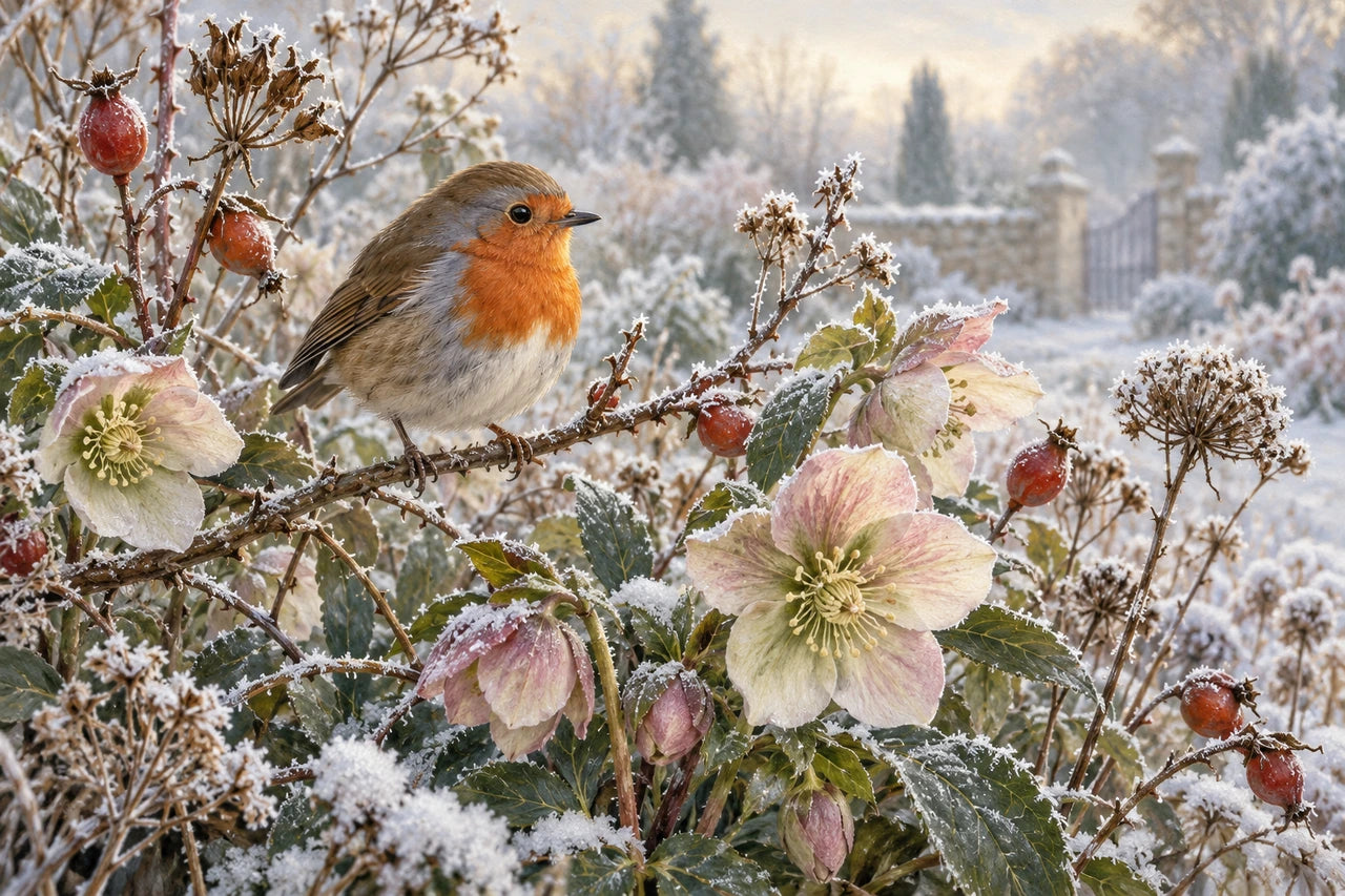 A naturalistic winter-garden painting of one robin among frosted hellebores, rosehips and seedheads.