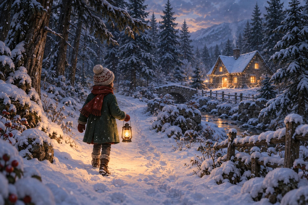 A fictional child carrying a warm lantern on a snowy path beneath tall fir trees, with a distant cottage.