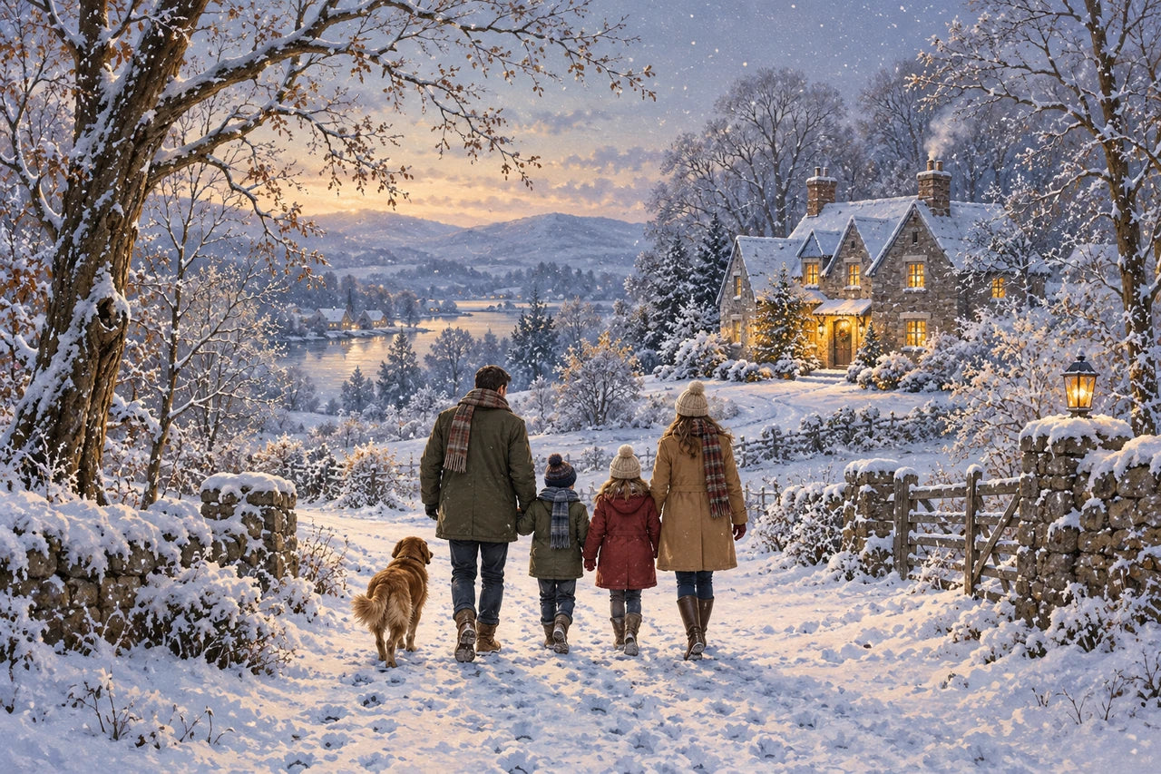 A fictional family of two parents and two children with a dog walking through snowy trees towards a warm stone home.