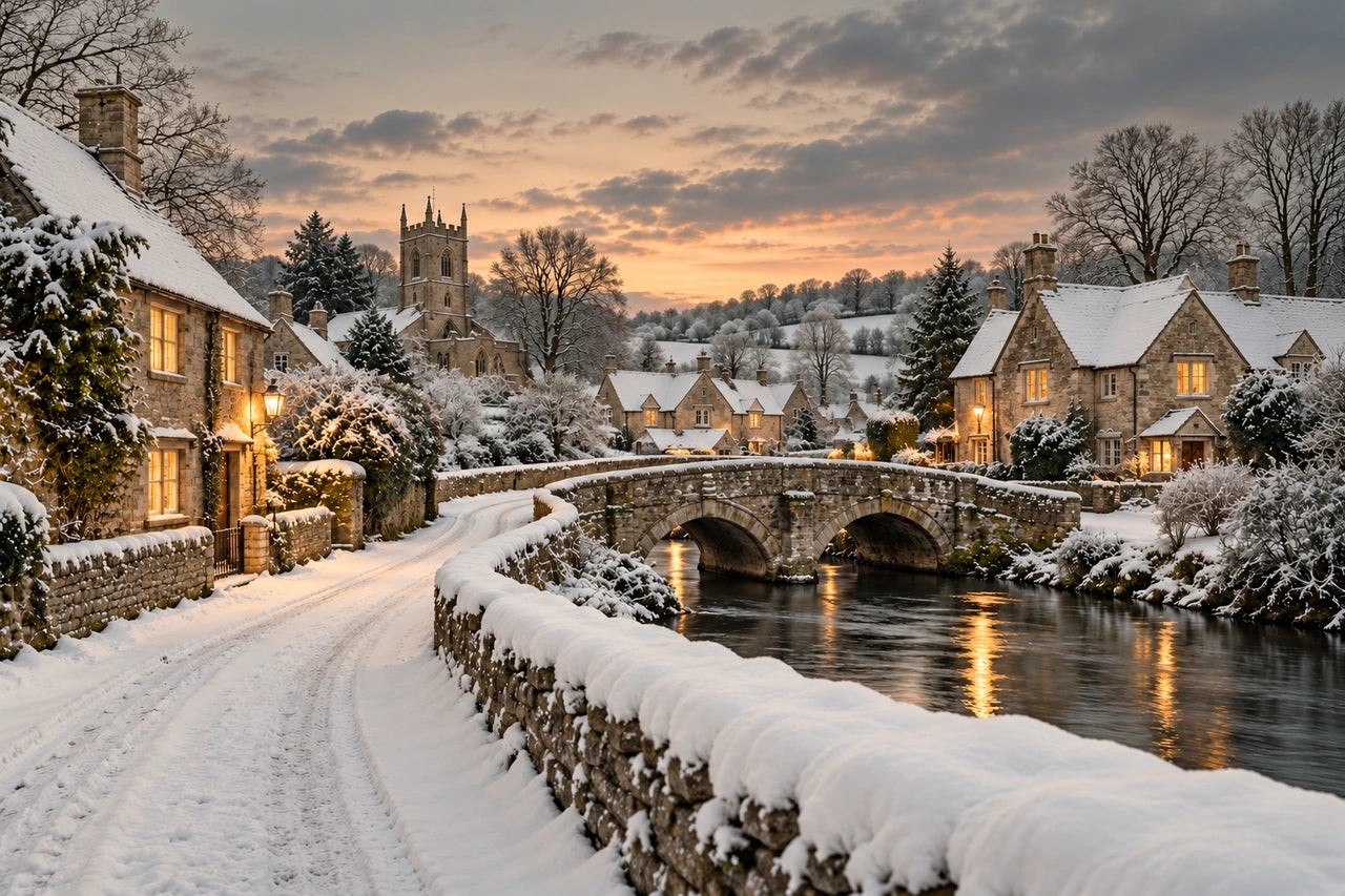 The winter-village example revised from blue twilight to warmer ivory snow, muted grey-green trees and a softer golden sky.