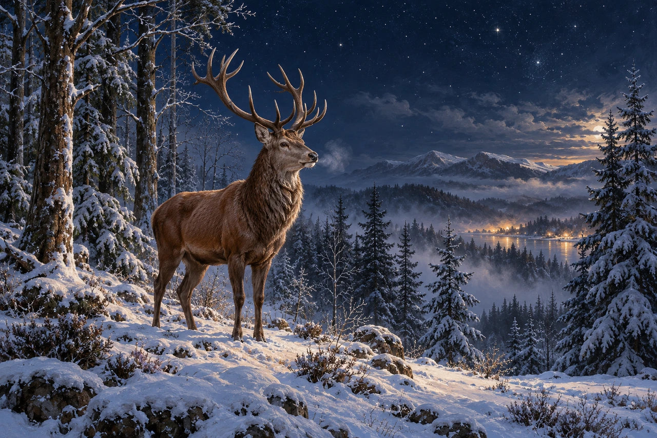 A natural stag in a snowy midnight-blue forest above a misty winter valley, with distant warm lights.