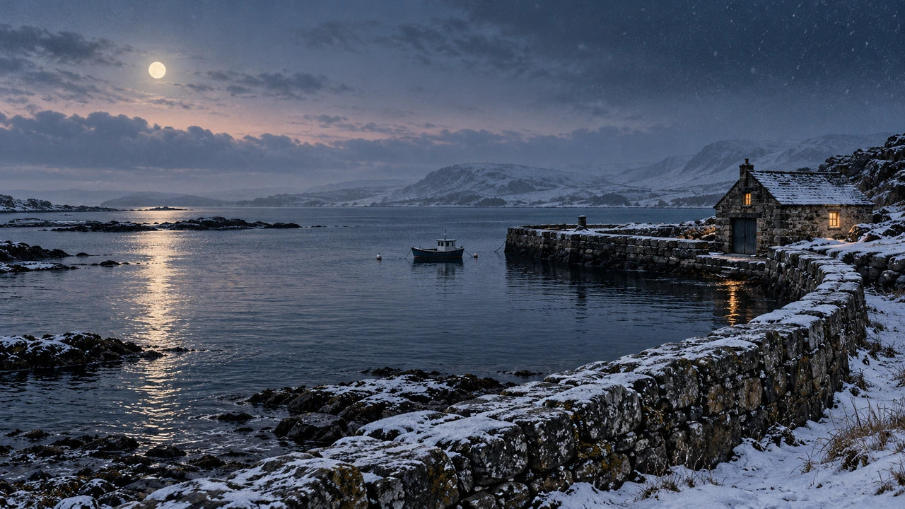 Moonlit winter harbour with a snow-dusted stone wall, a small moored boat and warm boathouse windows.