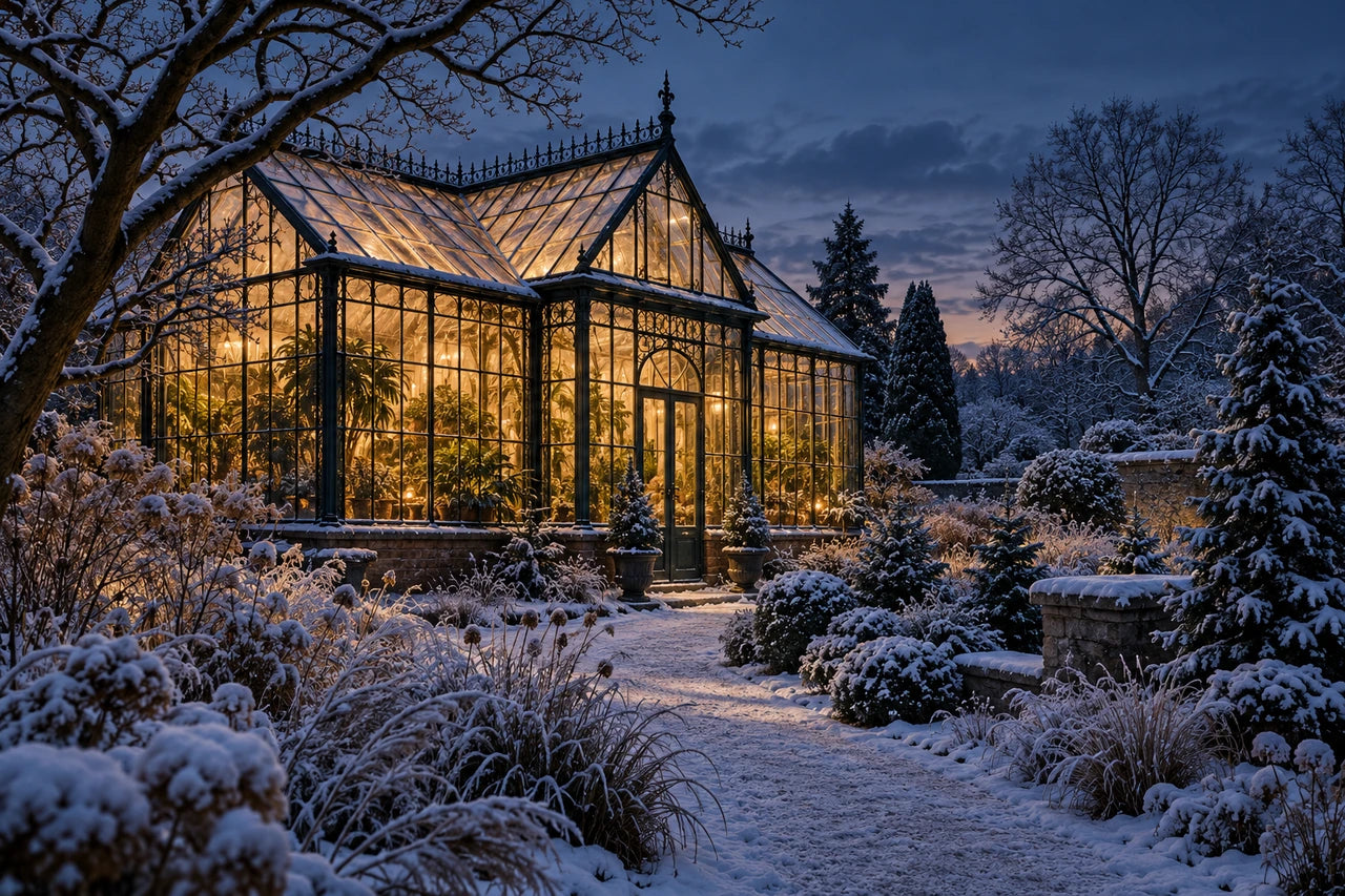 Warmly illuminated Victorian-style glasshouse in a frosted winter garden at blue hour.