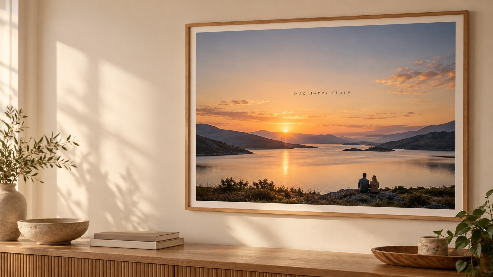 A framed landscape photograph with the words Our happy place placed subtly in the image’s open sky.