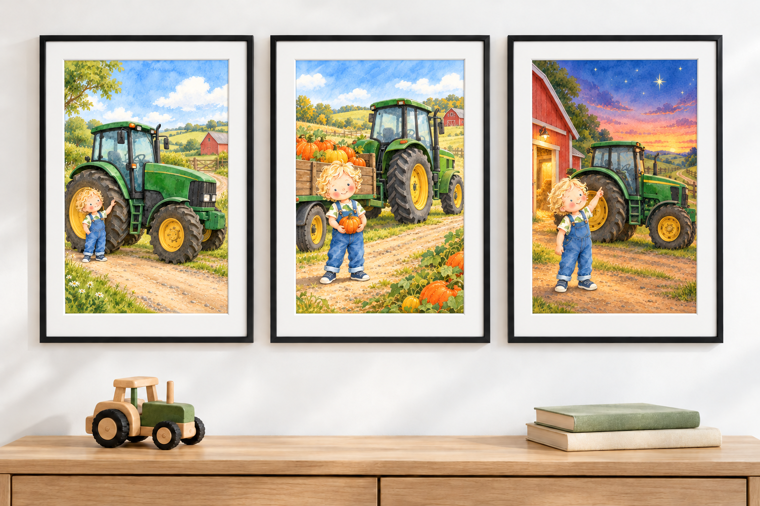 Three black frames with white mounts displaying Harry's tractor, pumpkin-delivery and evening-farm illustrations above a wooden cabinet.