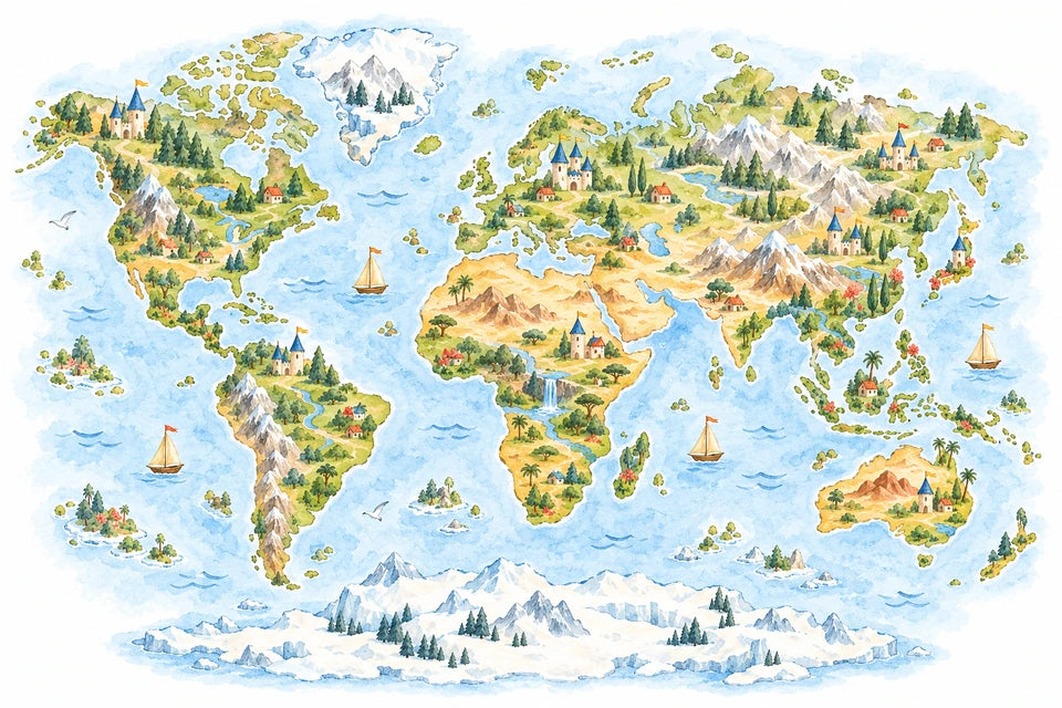 Whimsical Watercolor Storybook World Map