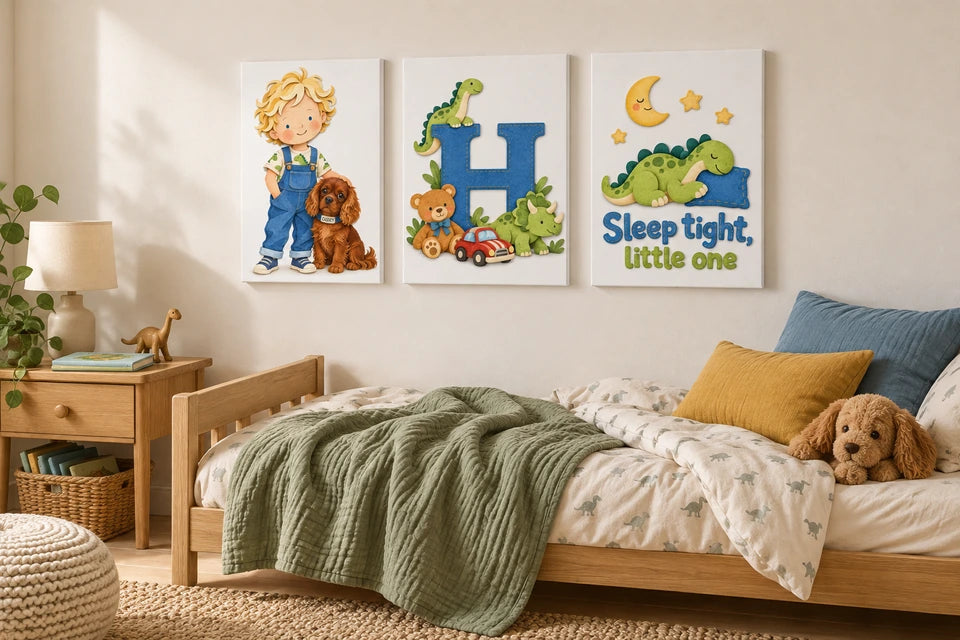 Bedroom visualisation with three matching portrait canvas prints above a wooden bed: the child and Cassey, an H initial and a sleeping dinosaur.