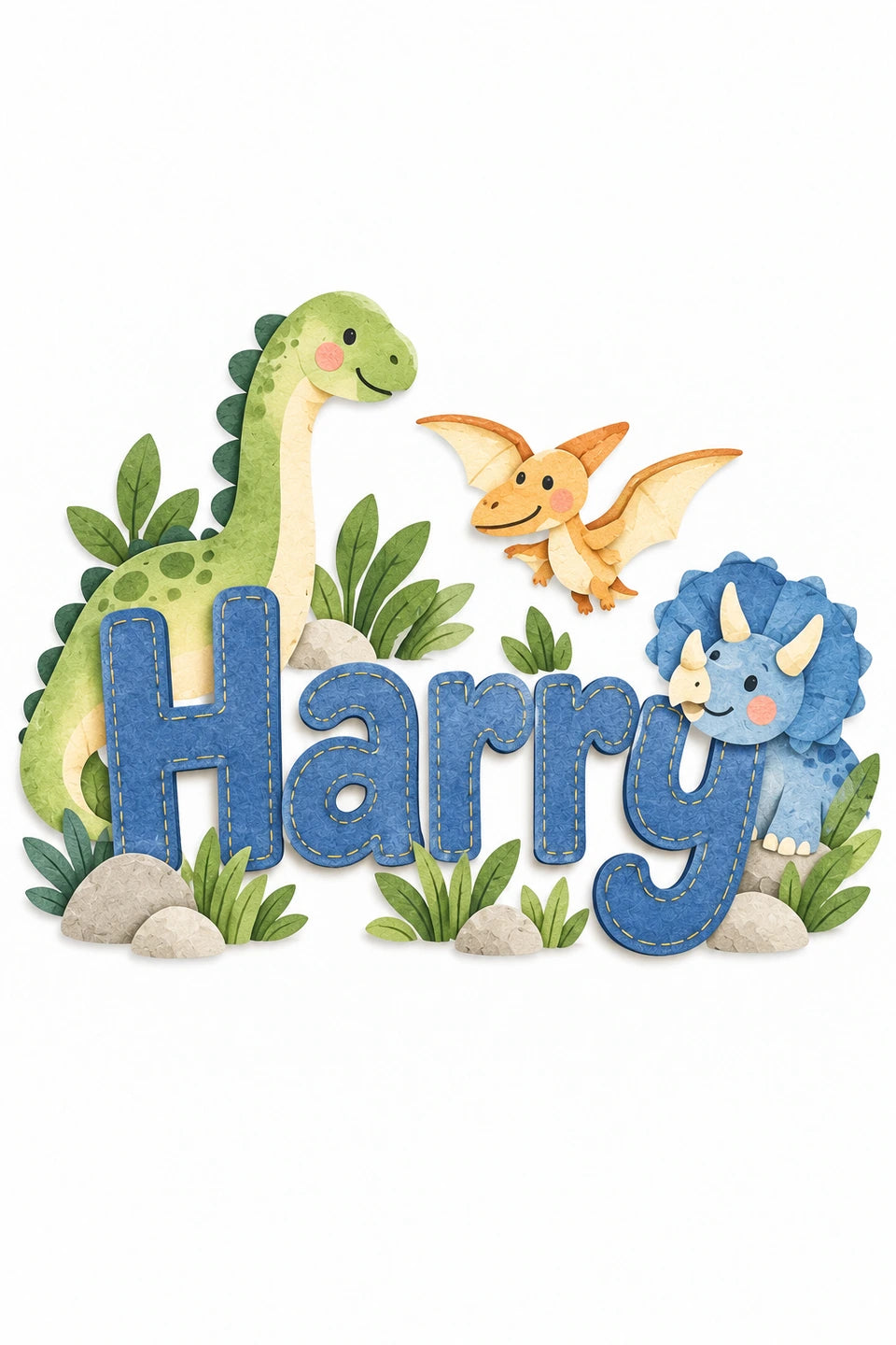 Harry name print with rounded blue lettering and softly coloured dinosaurs.