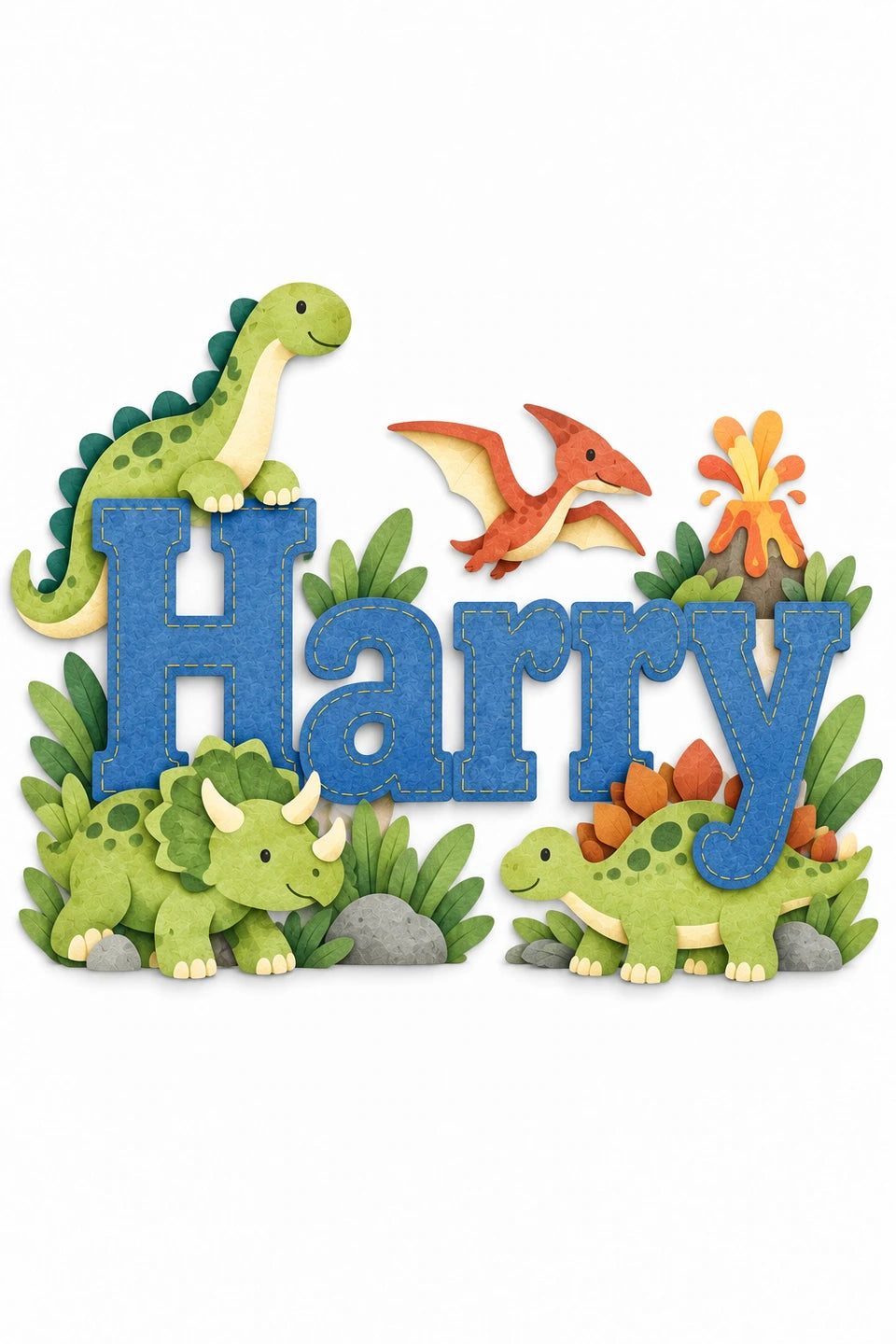 Harry name print with bold blue serif lettering, yellow stitching and friendly dinosaurs.