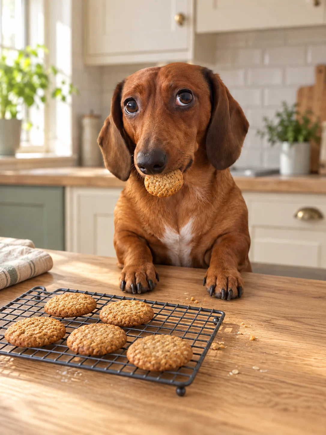AI-created dachshund holding a biscuit above a cooling rack