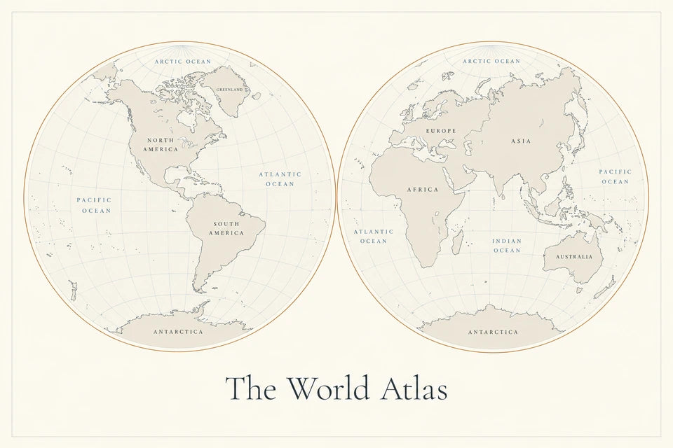 Elegant double-hemisphere world atlas