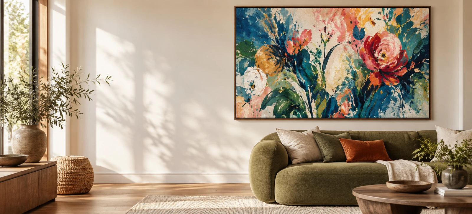 Colourful abstract floral canvas in a floating frame above a green sofa in a sunlit living room.