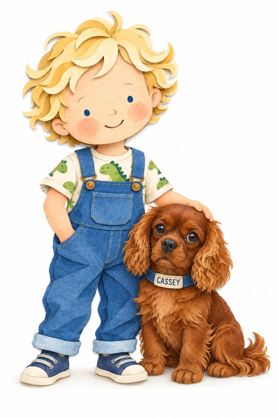 The child character beside a chestnut Cavalier King Charles Spaniel with CASSEY on her collar.