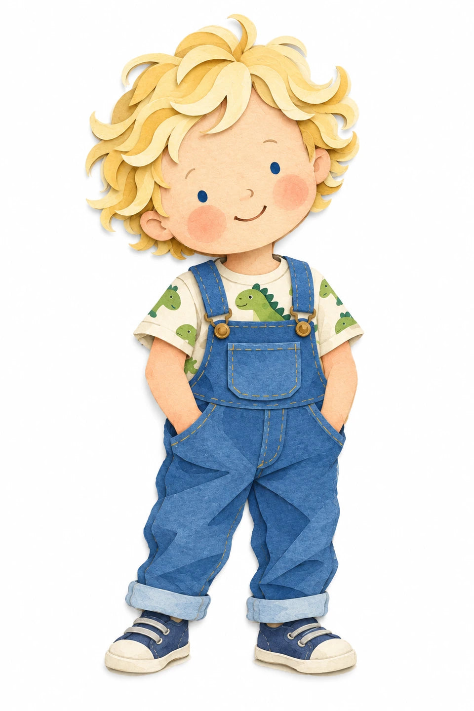 Paper-cut illustration of a blonde toddler in blue dungarees and a dinosaur T-shirt.