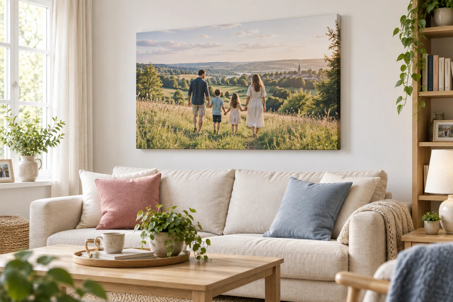 Family photograph printed on a large canvas above a sofa in a bright living room