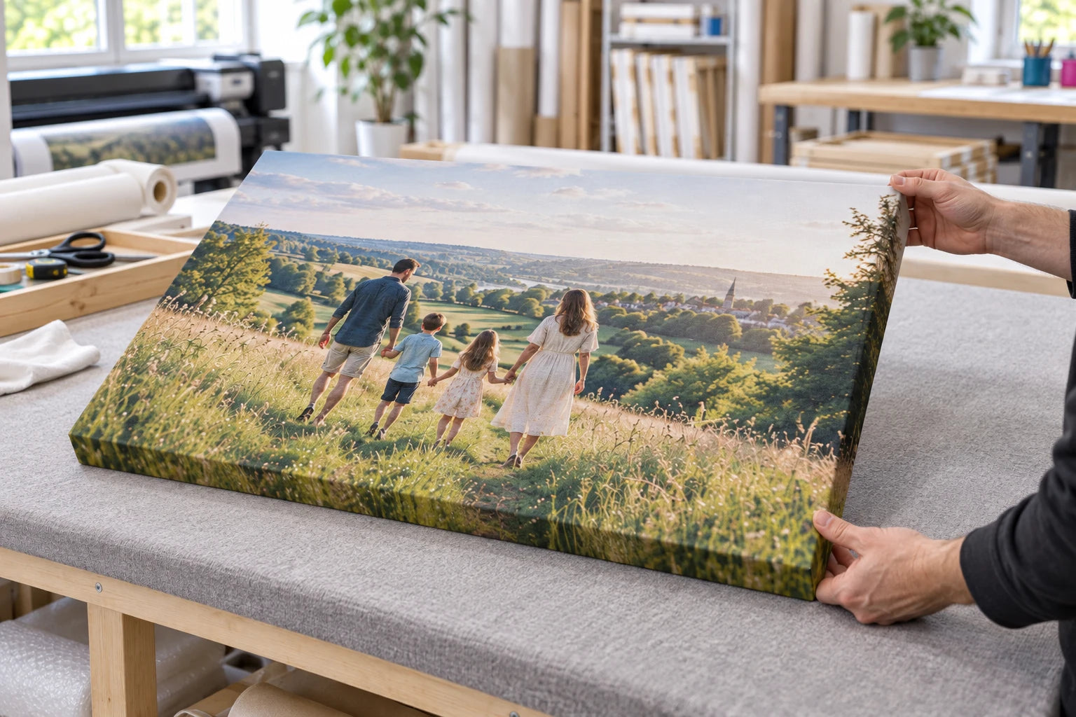 The completed family canvas being checked on the workbench