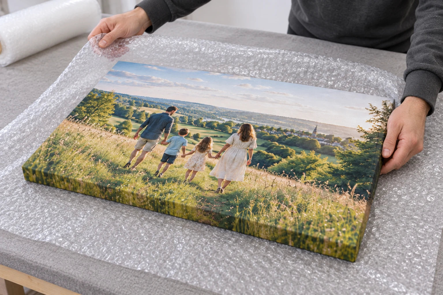 The completed family canvas protected with bubble wrap