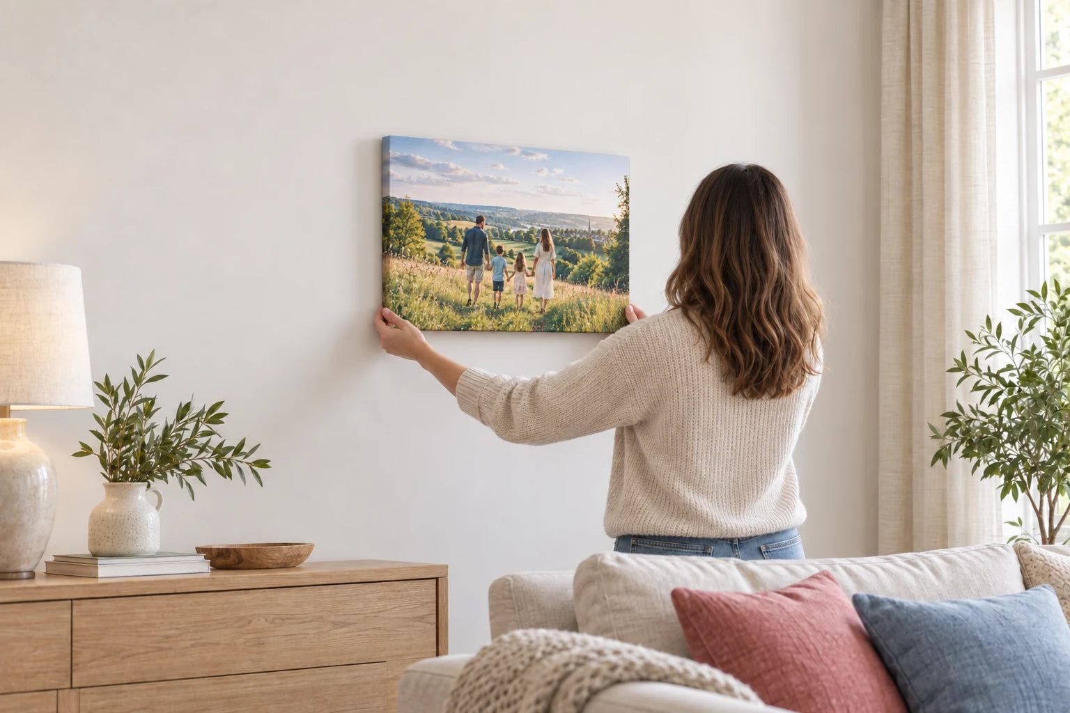 A woman positioning the finished family canvas on the wall above a sideboard