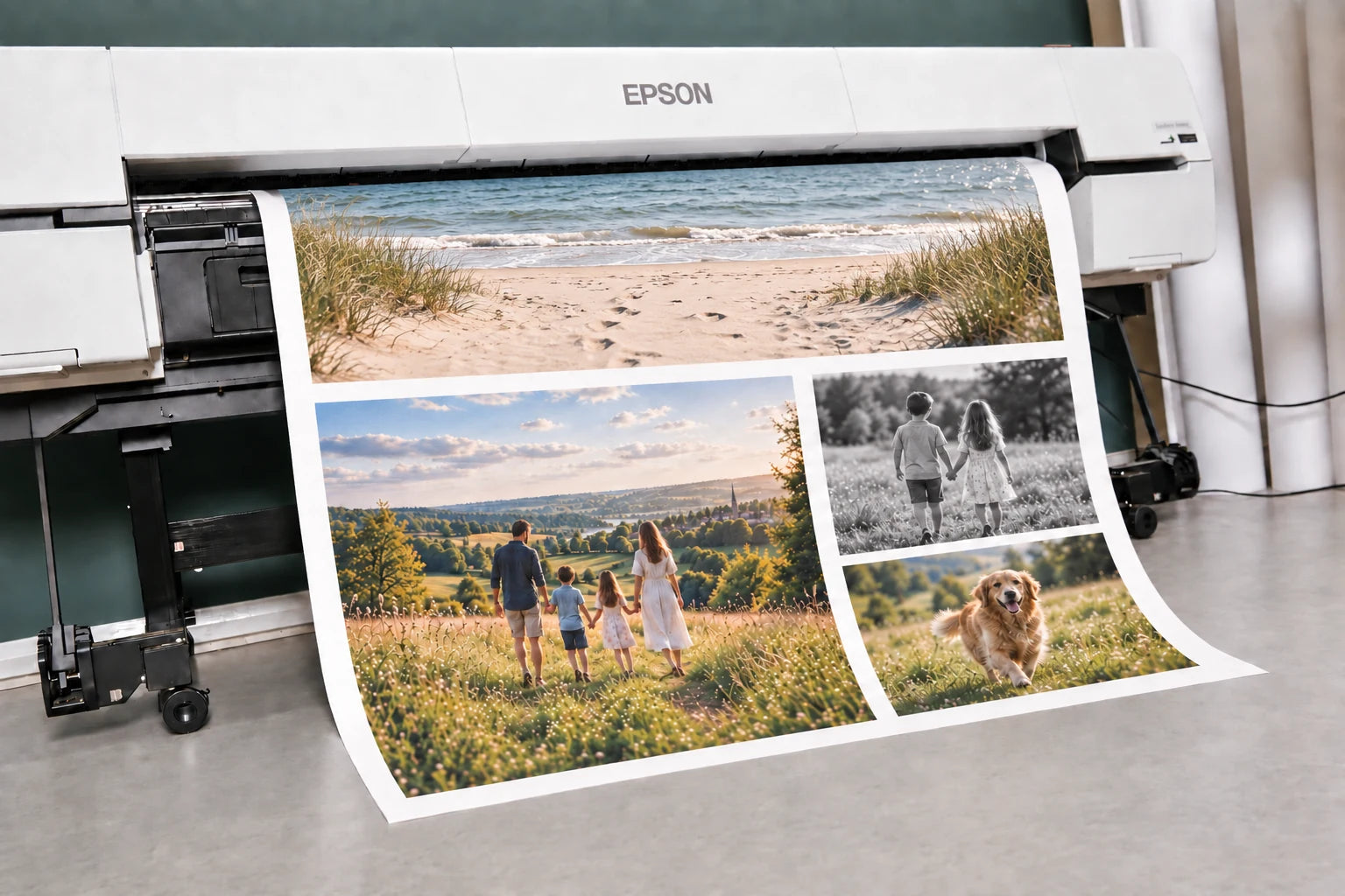 Epson production printer producing a sheet of photographs including the family countryside image