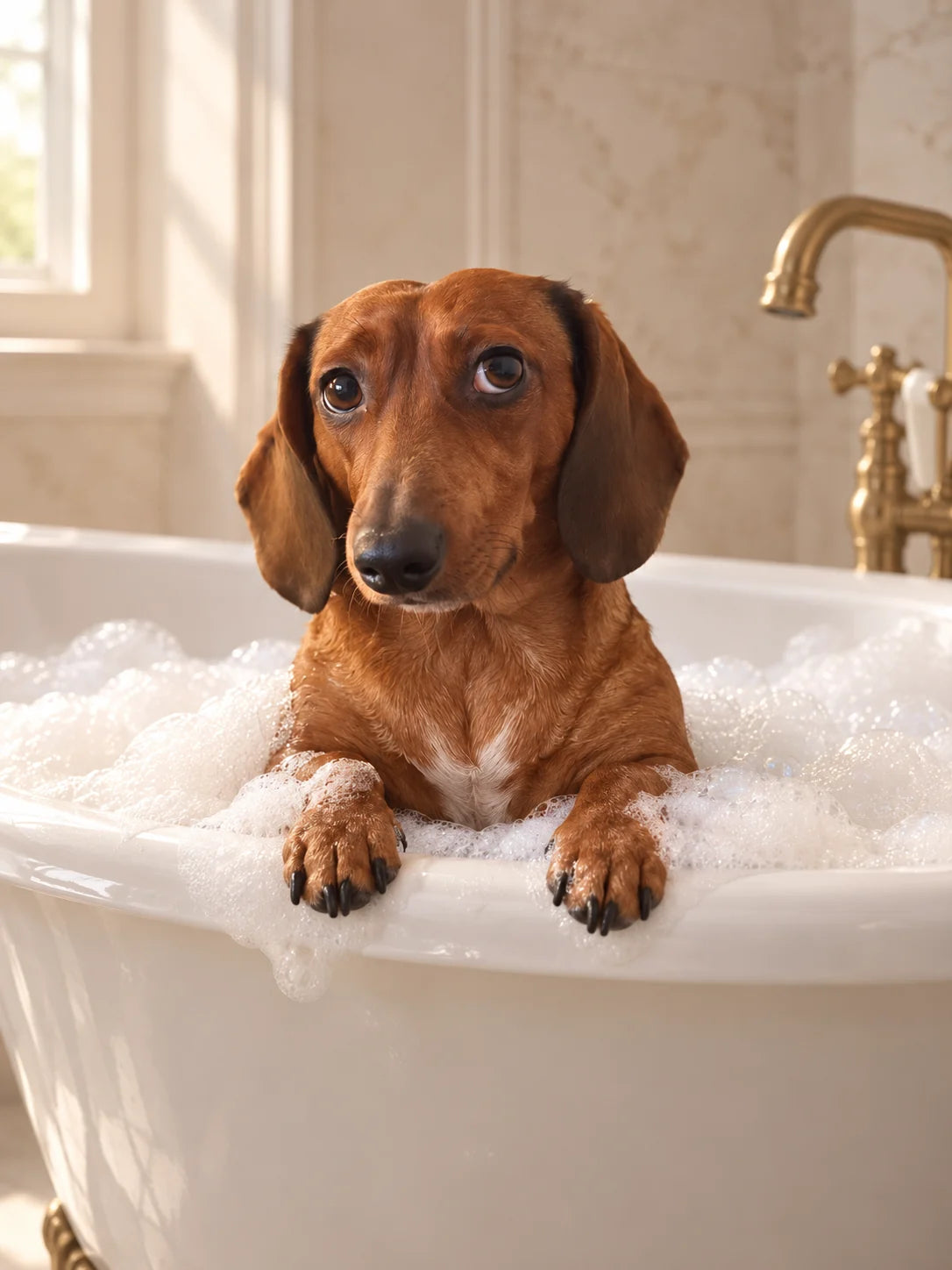 AI-created dachshund in a white bubble bath