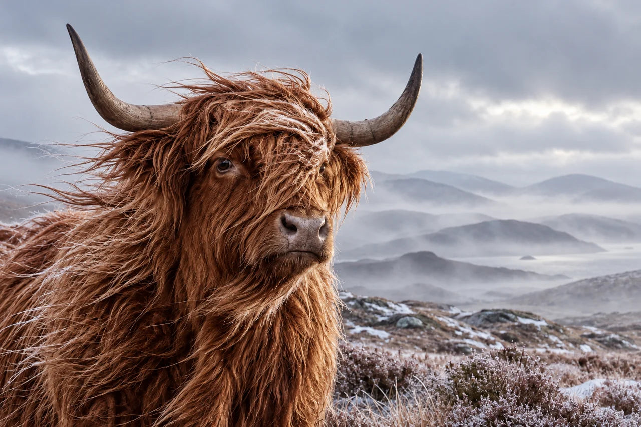 AI-created copper Highland cow in a frosty landscape with winter mist