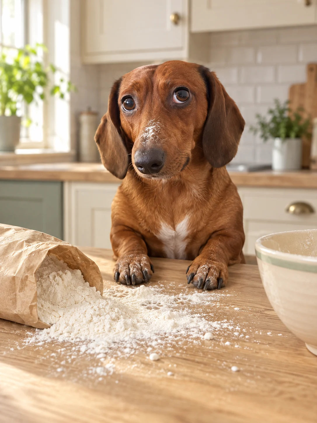 AI-created dachshund beside a tipped flour bag in a cream kitchen
