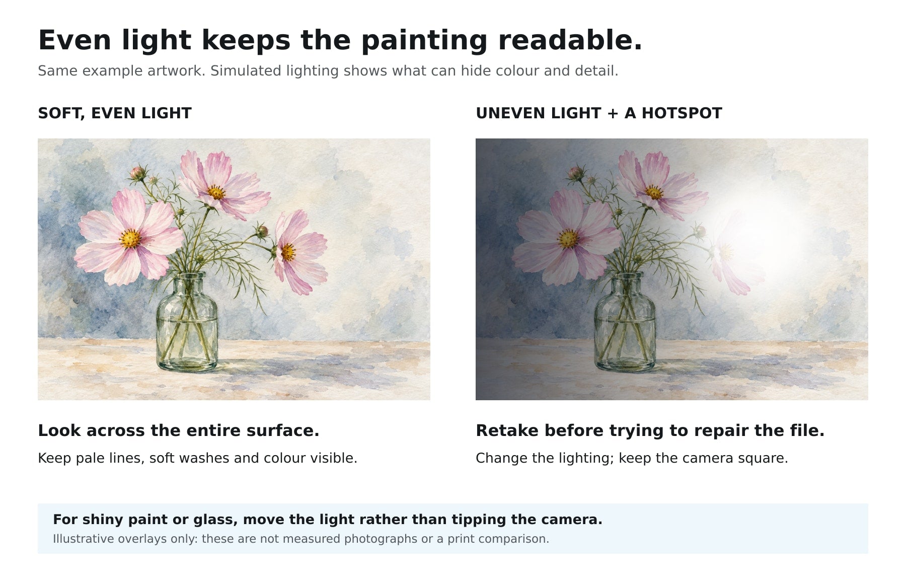 The same flower painting shown evenly lit and with simulated shadow and glare hiding part of the image.
