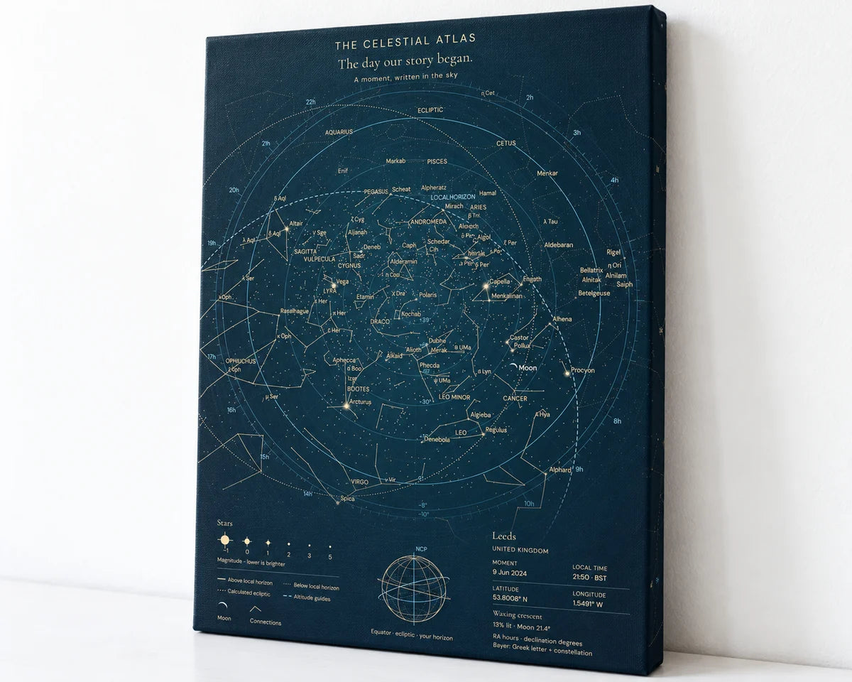 Navy and gold Celestial Atlas Star Map on canvas showing the wrapped side and folded corner