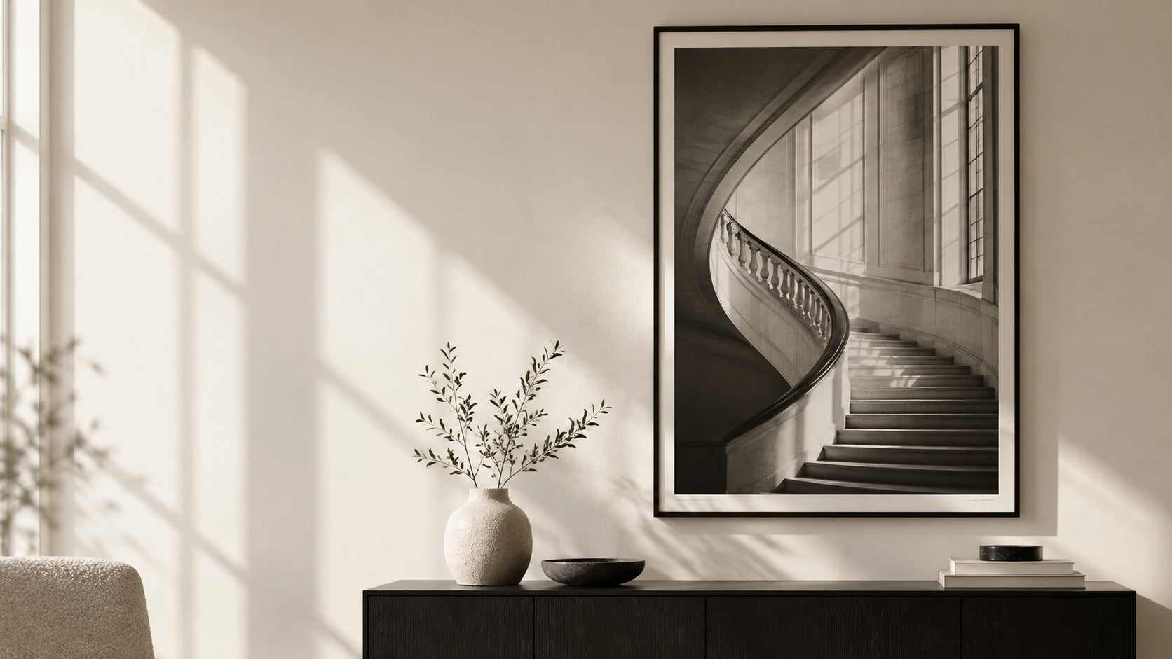 A black-and-white architectural photograph displayed as a large poster in a slim black frame.