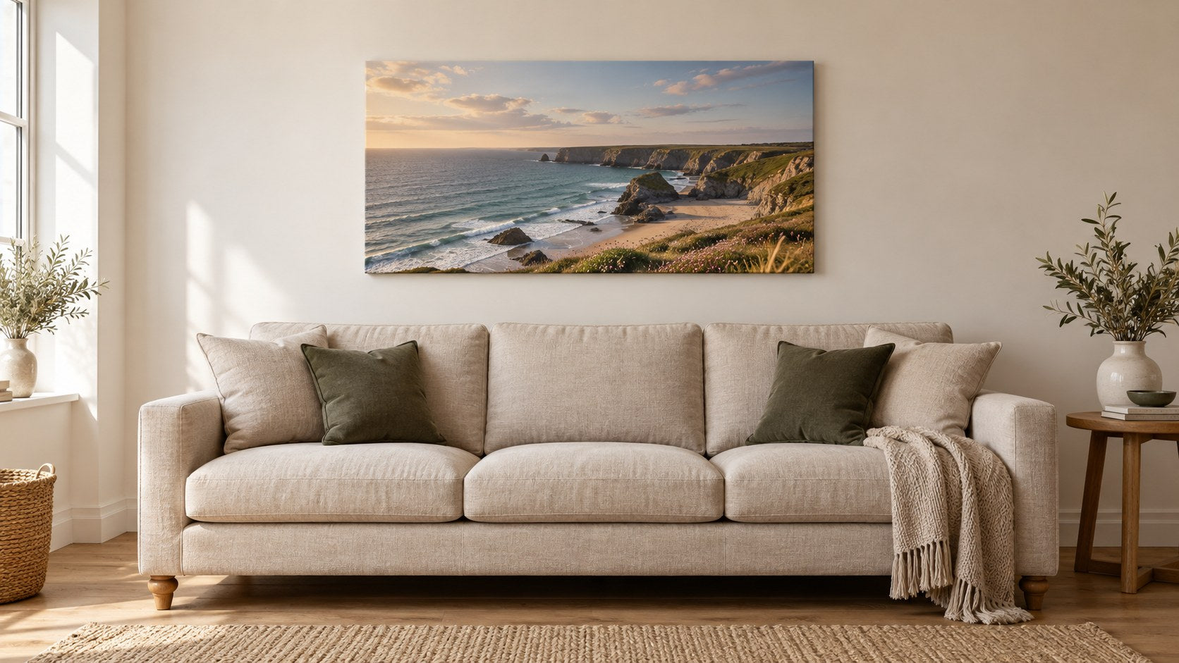 A wide landscape canvas print centred above an oatmeal sofa in a light living room.