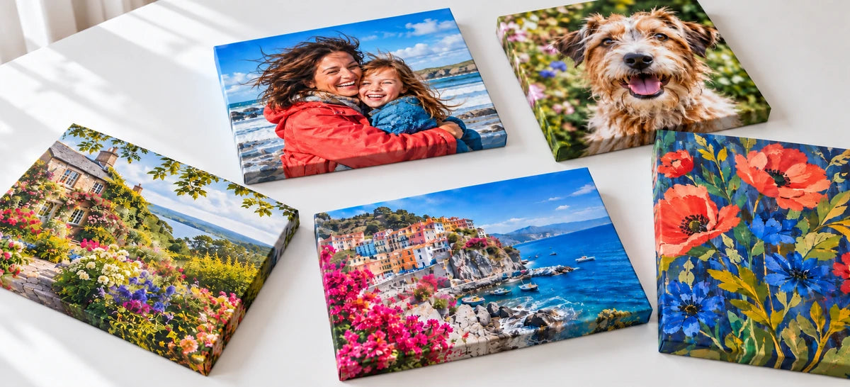 Colourful stretched canvas prints of a mother and child, a dog, flowers and landscapes arranged on a white tabletop.